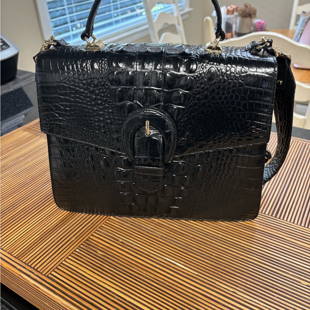 Brahmin Glossy Black Embossed Satchel